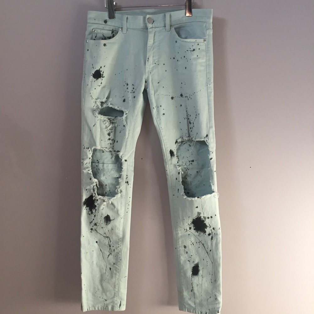 Armani Exchange Ice Blue Ink Blot Skinny Jeans Zipper Back Pocket 31
